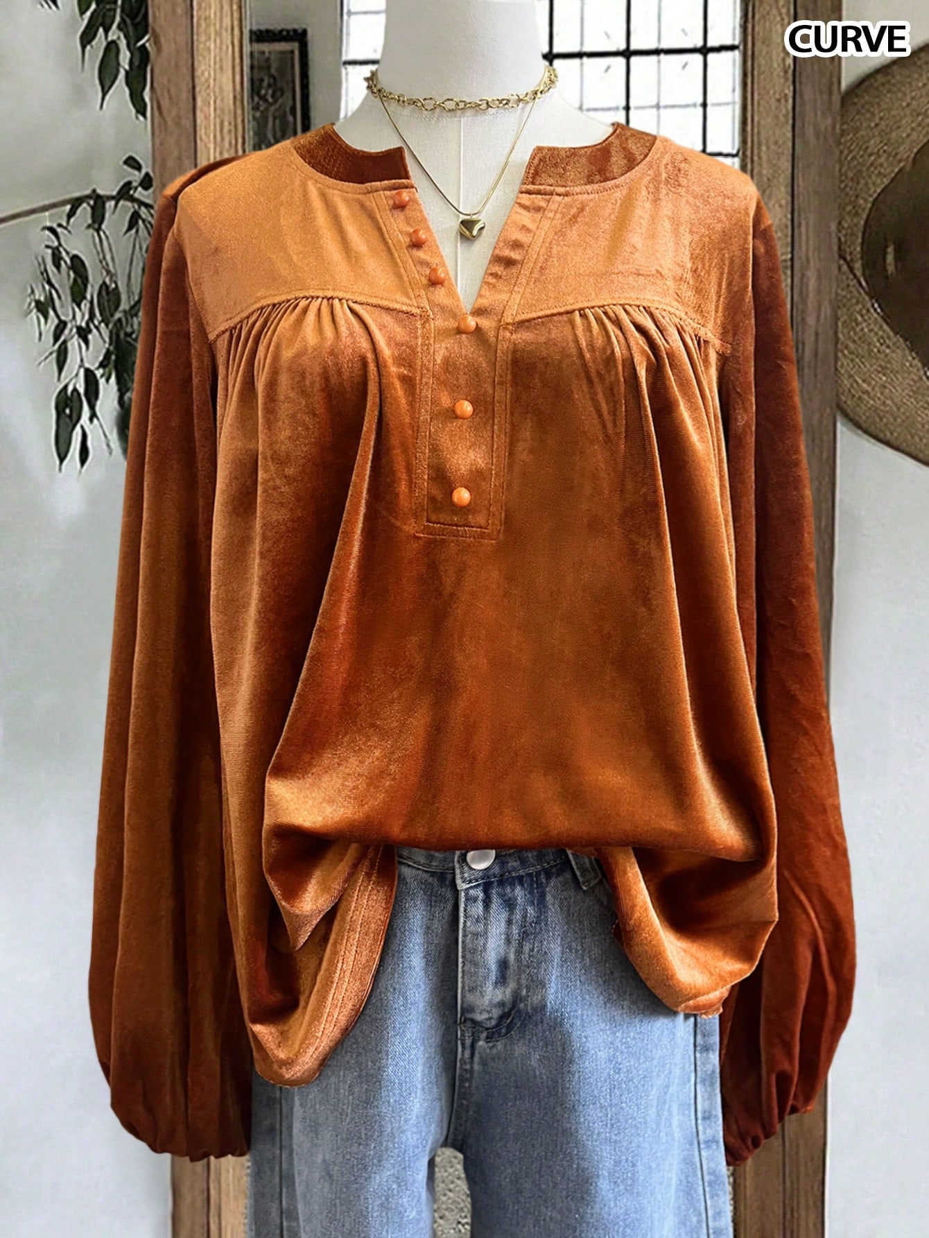 Women's Casual Solid Color Loose Fit Button Decor V-Neck Long Sleeve Shirt, Suitable For Autumn & Winter, Halloween Shirt, Brown Shirt