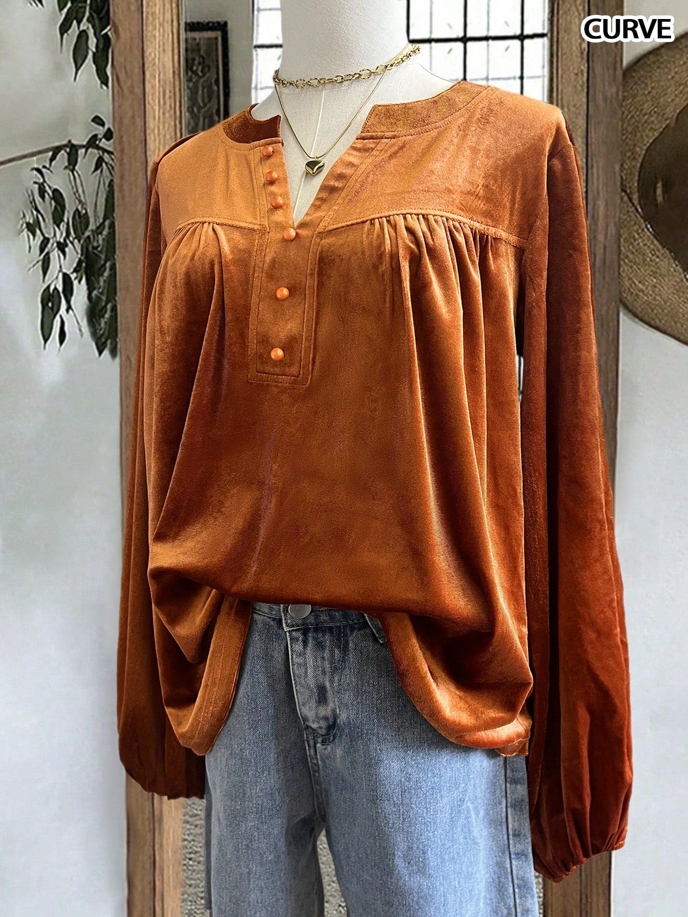 Women's Casual Solid Color Loose Fit Button Decor V-Neck Long Sleeve Shirt, Suitable For Autumn & Winter, Halloween Shirt, Brown Shirt