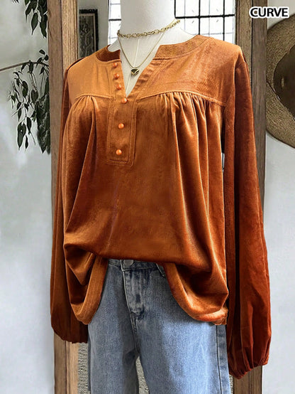 Women's Casual Solid Color Loose Fit Button Decor V-Neck Long Sleeve Shirt, Suitable For Autumn & Winter, Halloween Shirt, Brown Shirt