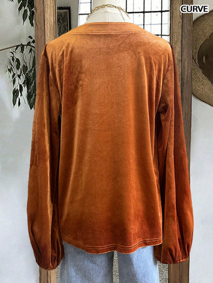 Women's Casual Solid Color Loose Fit Button Decor V-Neck Long Sleeve Shirt, Suitable For Autumn & Winter, Halloween Shirt, Brown Shirt
