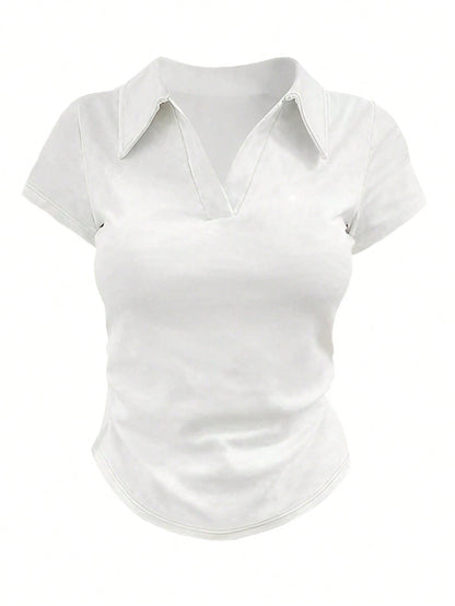 Women's Casual Solid Color Short Sleeve T-Shirt Top, Versatile For Summer