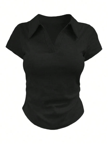 Women's Casual Solid Color Short Sleeve T-Shirt Top, Versatile For Summer