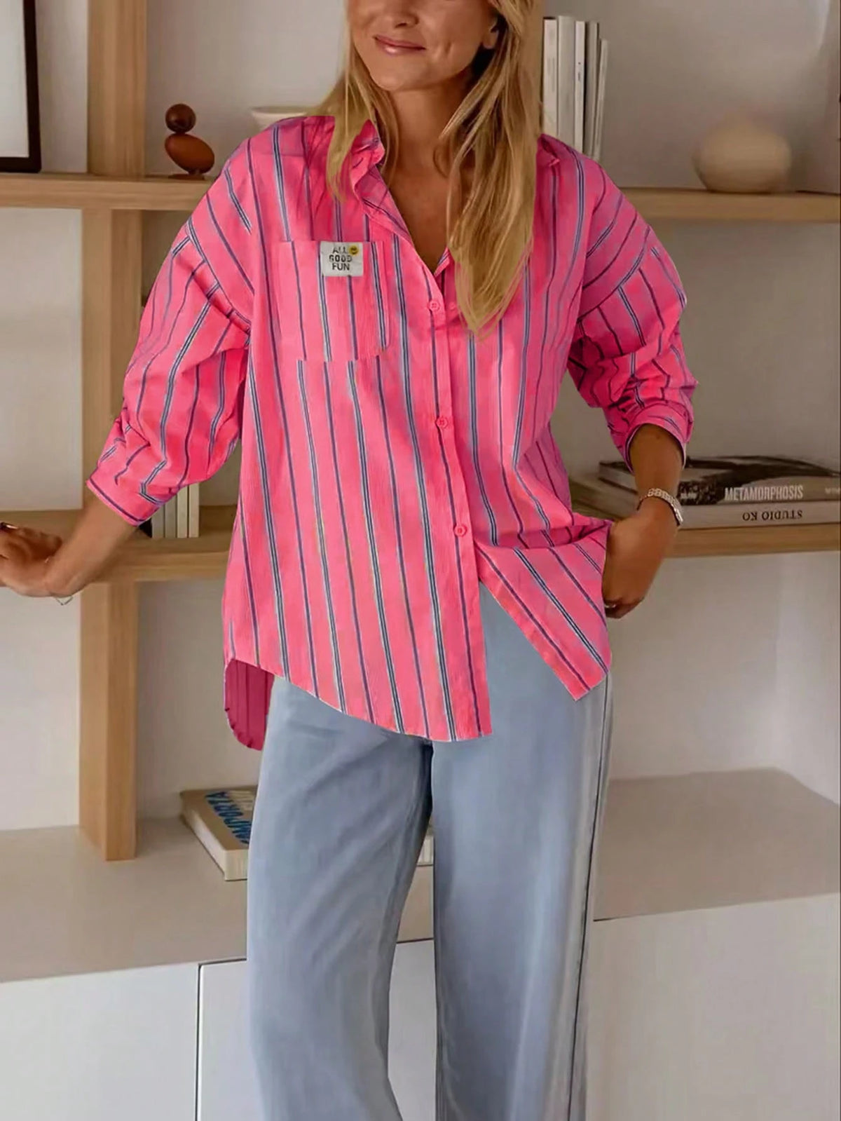 Women's Casual Striped Pocket Front Button Back Button Long Sleeve Shirt Spring Yellow