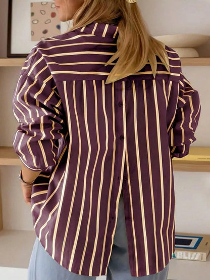 Women's Casual Striped Pocket Front Button Back Button Long Sleeve Shirt Spring Yellow