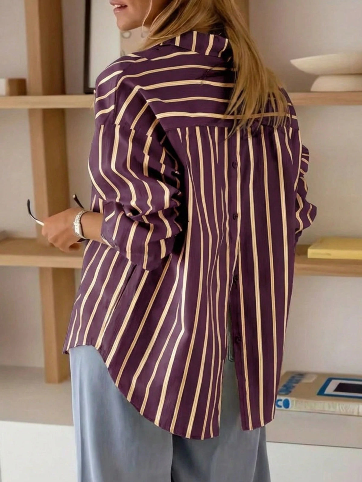 Women's Casual Striped Pocket Front Button Back Button Long Sleeve Shirt Spring Yellow