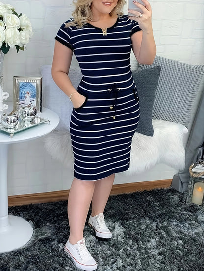 Women's Casual Striped Short Sleeve Shirt Dress With Drawstring Waist And Pockets Elegant Summer, Work To Weekend