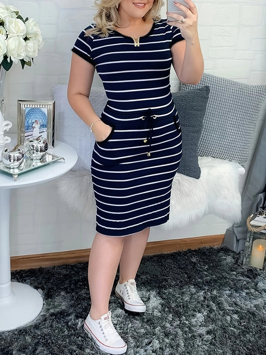 Women's Casual Striped Short Sleeve Shirt Dress With Drawstring Waist And Pockets Elegant Summer, Work To Weekend
