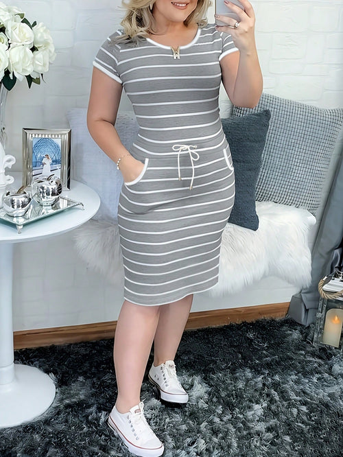 Women's Casual Striped Short Sleeve Shirt Dress With Drawstring Waist And Pockets Summer Elegant