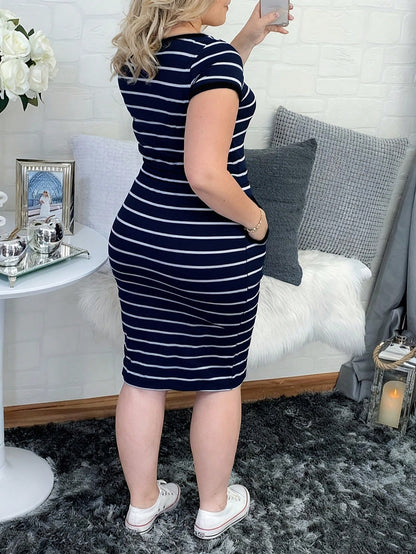 Women's Casual Striped Short Sleeve Shirt Dress With Drawstring Waist And Pockets Elegant Summer, Work To Weekend