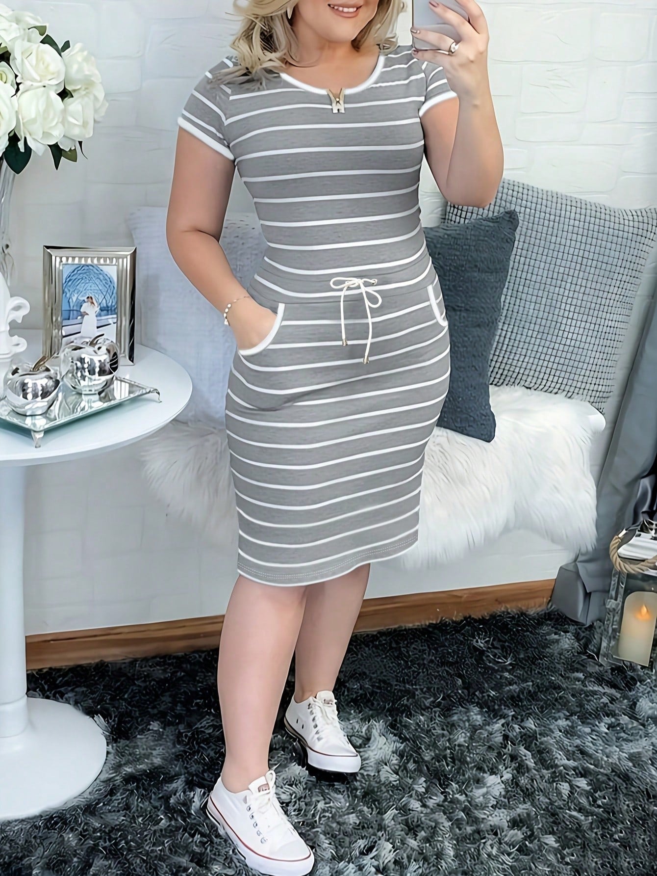 Women's Casual Striped Short Sleeve Shirt Dress With Drawstring Waist And Pockets Elegant Summer, Work To Weekend