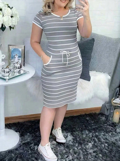 Women's Casual Striped Short Sleeve Shirt Dress With Drawstring Waist And Pockets Elegant Summer, Work To Weekend