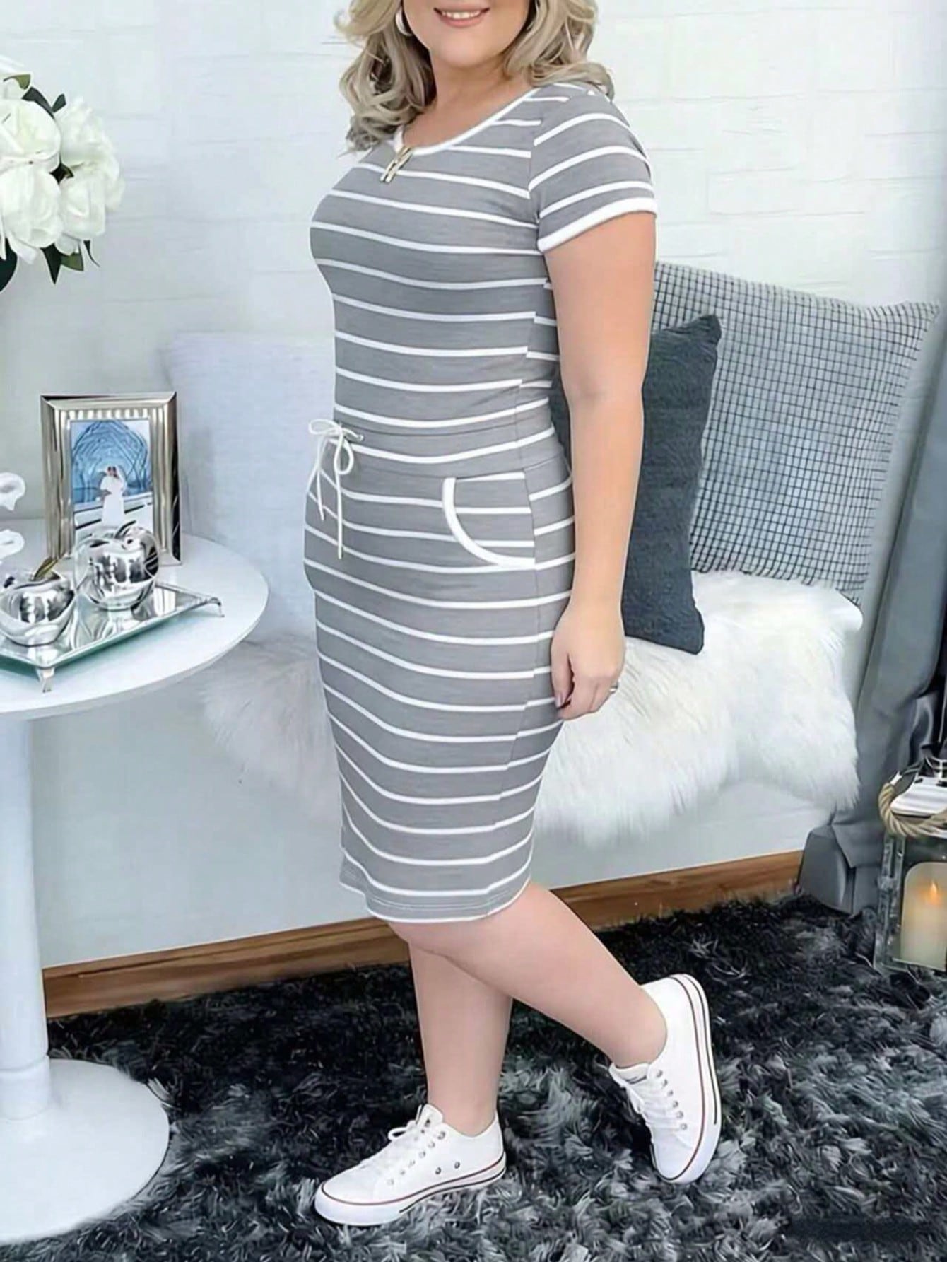 Women's Casual Striped Short Sleeve Shirt Dress With Drawstring Waist And Pockets Summer Elegant