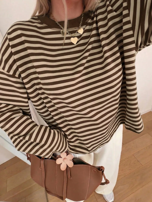 Women's Casual Top, Striped Contrast Ribbed Fabric, Everyday Wear, Spring/Autumn Vacation