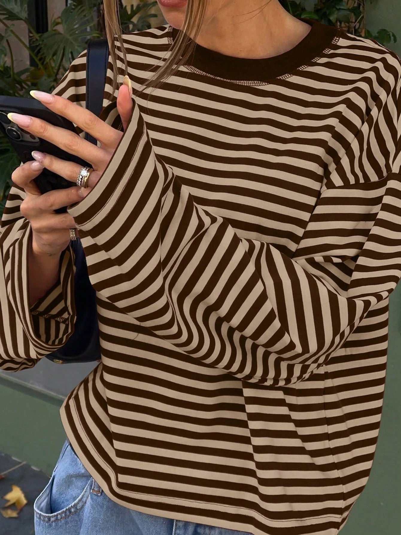 Women's Casual Top, Striped Contrast Ribbed Fabric, Everyday Wear, Spring/Autumn Vacation