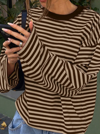 Women's Casual Top, Striped Contrast Ribbed Fabric, Everyday Wear, Spring/Autumn Vacation