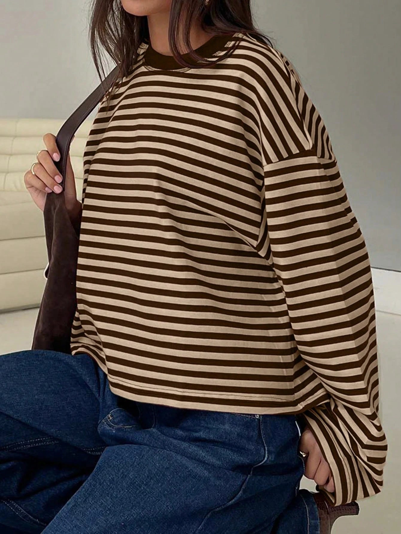 Women's Casual Top, Striped Contrast Ribbed Fabric, Everyday Wear, Spring/Autumn Vacation