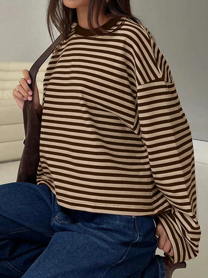 Women's Casual Top, Striped Contrast Ribbed Fabric, Everyday Wear, Spring/Autumn Vacation