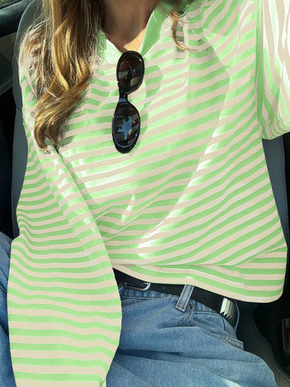 Women's Casual Top, Striped Contrast Ribbed Fabric, Everyday Wear, Spring/Autumn Vacation