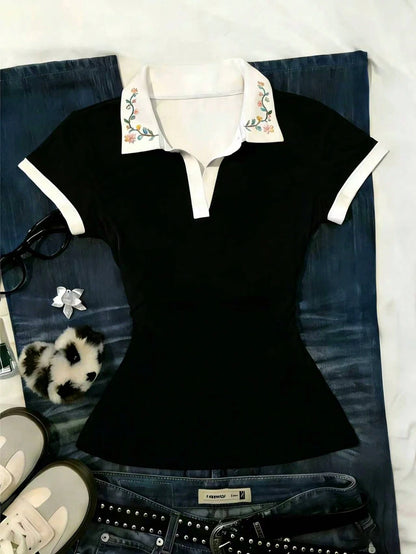 Women's Casual Vacation & Commute Floral Embroidery V-Neck Fitted T-Shirt, Summer
