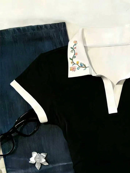 Women's Casual Vacation & Commute Floral Embroidery V-Neck Fitted T-Shirt, Summer