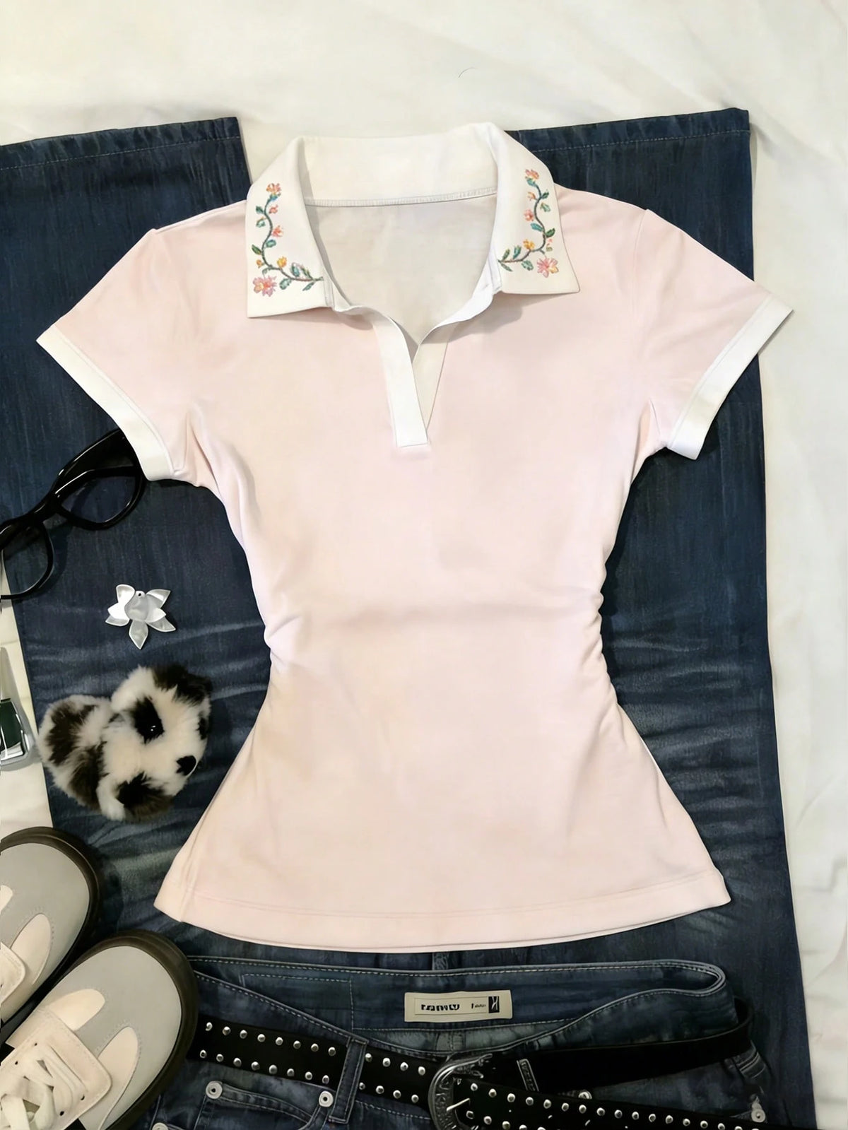 Women's Casual Vacation & Commute Floral Embroidery V-Neck Fitted T-Shirt, Summer