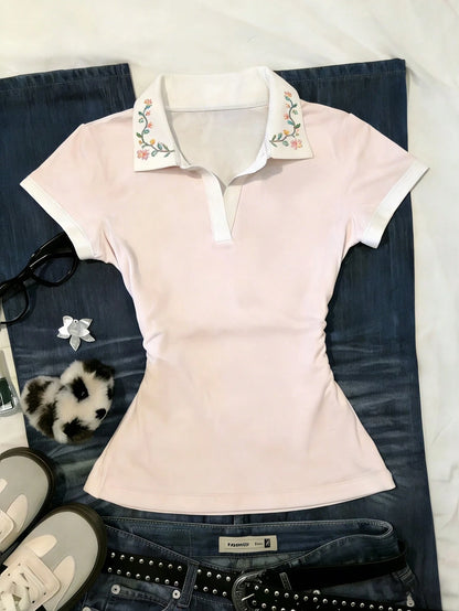 Women's Casual Vacation & Commute Floral Embroidery V-Neck Fitted T-Shirt, Summer