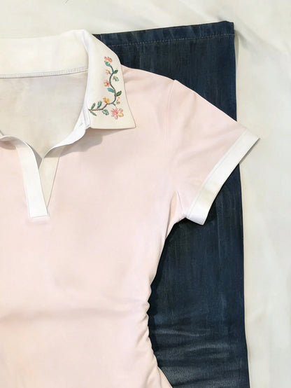 Women's Casual Vacation & Commute Floral Embroidery V-Neck Fitted T-Shirt, Summer