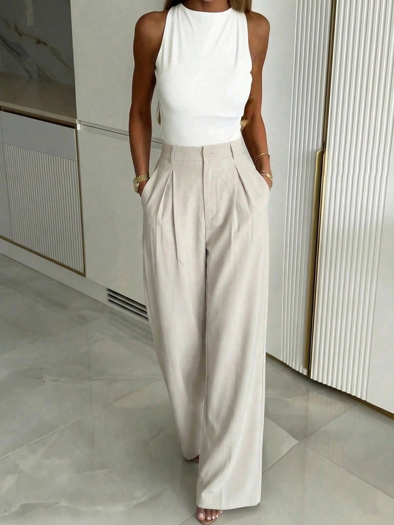 Women's Casual Wide Leg Pants, Loose Fashion Solid Color Unique Belt Design, Suitable For Office And Daily Wear Spring, Office Siren