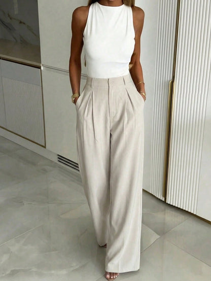 Women's Casual Wide Leg Pants, Loose Fashion Solid Color Unique Belt Design, Suitable For Office And Daily Wear Spring, Office Siren