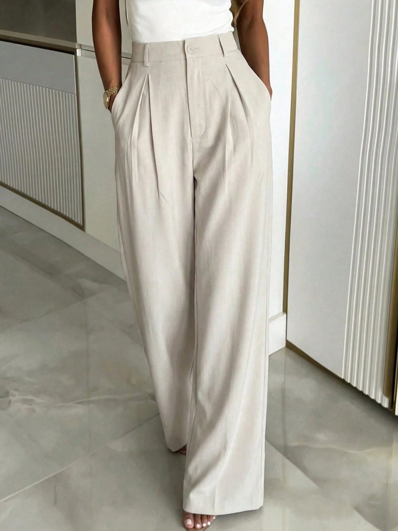 Women's Casual Wide Leg Pants, Loose Fashion Solid Color Unique Belt Design, Suitable For Office And Daily Wear Spring, Office Siren