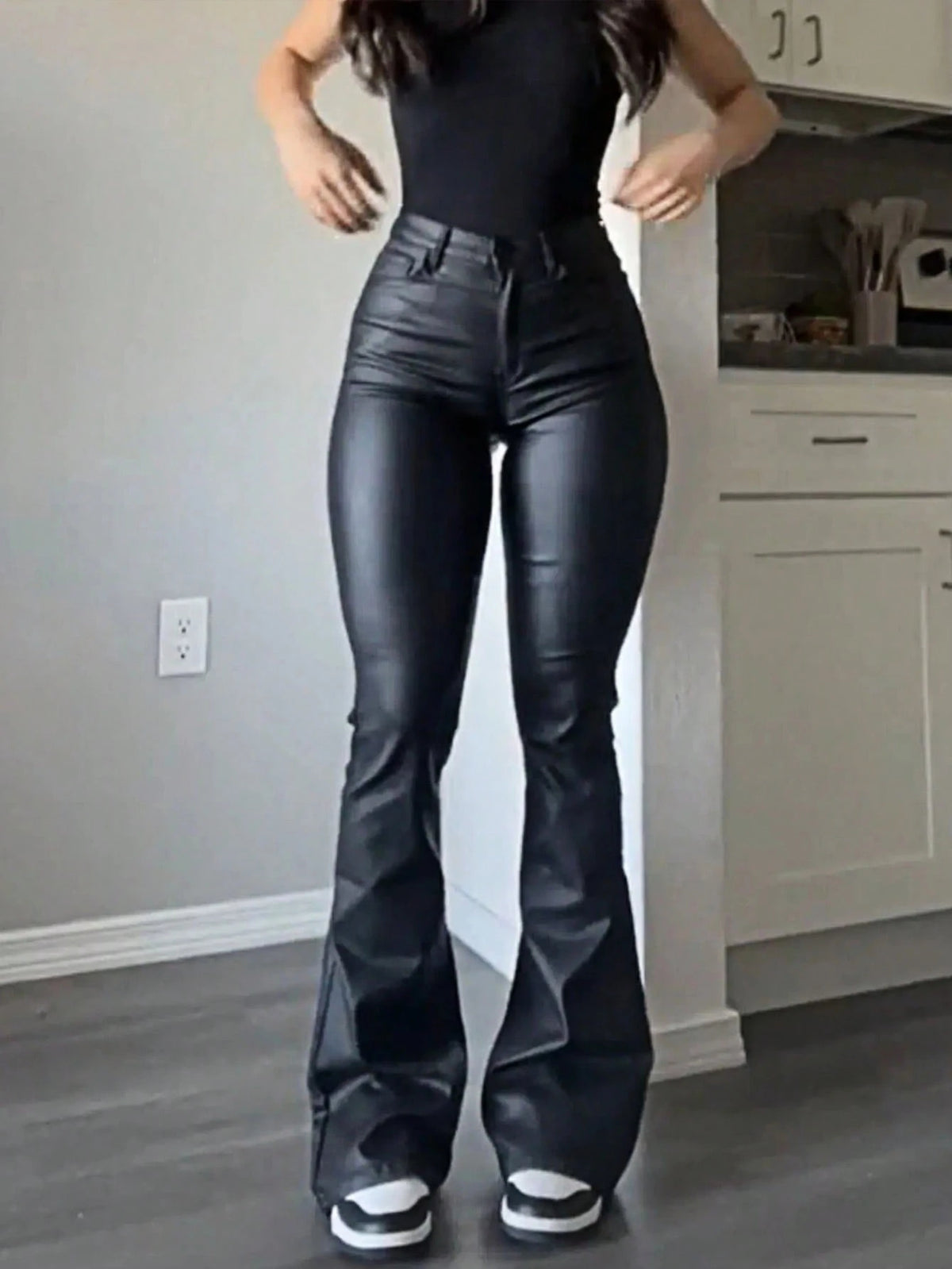 Women's Coated Faux Leather Flare Pants, Slim Fit High Waisted Bootcut Trousers, Fashionable For Party, Commute, Holiday, Music Festival, Casual Straight Leg Pants, Spring/Summer Clothing, Best Seller
