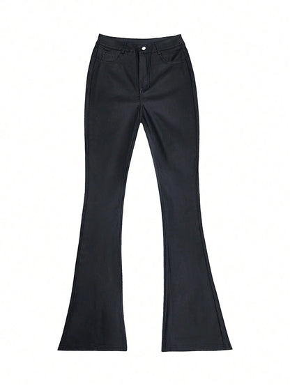 Women's Coated Faux Leather Flare Pants, Slim Fit High Waisted Bootcut Trousers, Fashionable For Party, Commute, Holiday, Music Festival, Casual Straight Leg Pants, Spring/Summer Clothing, Best Seller