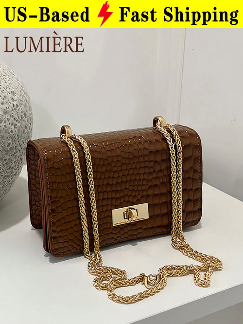 Women's Coffee Brown Faux Leather Crocodile Embossed Mini Chain Shoulder Bag, Fashionable Coffee Brown Crossbody Bag