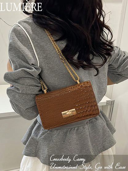 Women's Coffee Brown Faux Leather Crocodile Embossed Mini Chain Shoulder Bag, Fashionable Coffee Brown Crossbody Bag