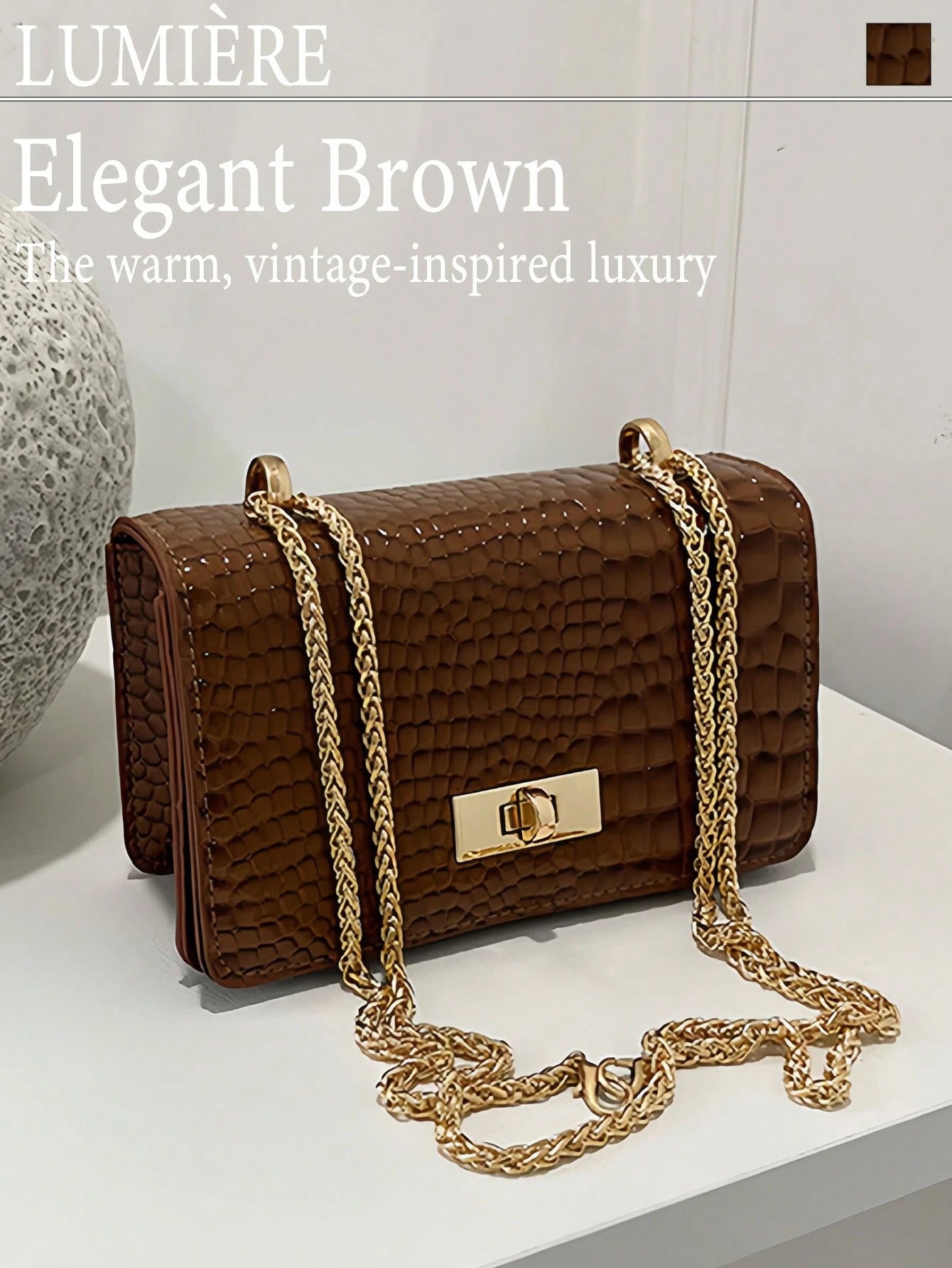 Women's Coffee Brown Faux Leather Crocodile Embossed Mini Chain Shoulder Bag, Fashionable Coffee Brown Crossbody Bag