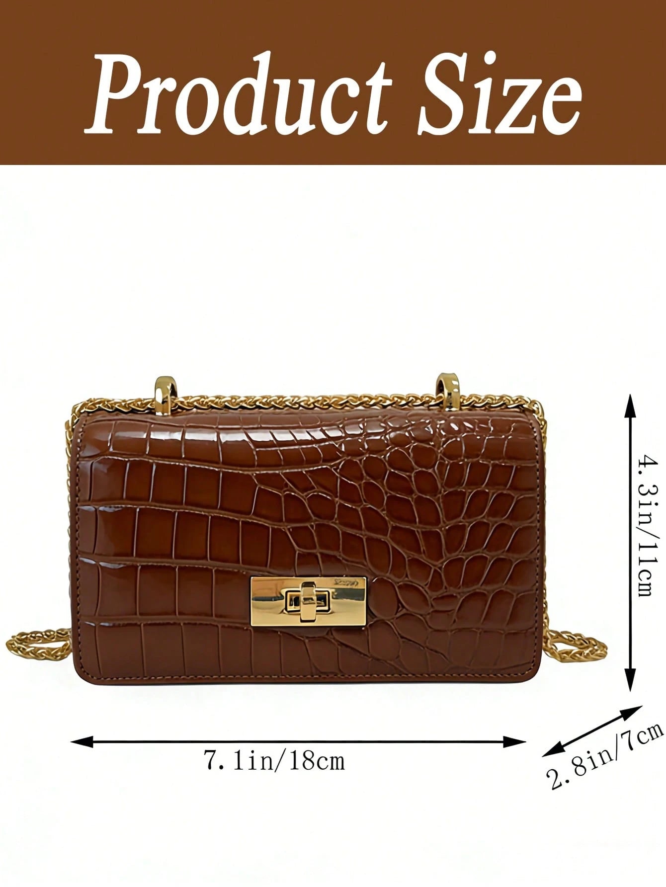 Women's Coffee Brown Faux Leather Crocodile Embossed Mini Chain Shoulder Bag, Fashionable Coffee Brown Crossbody Bag