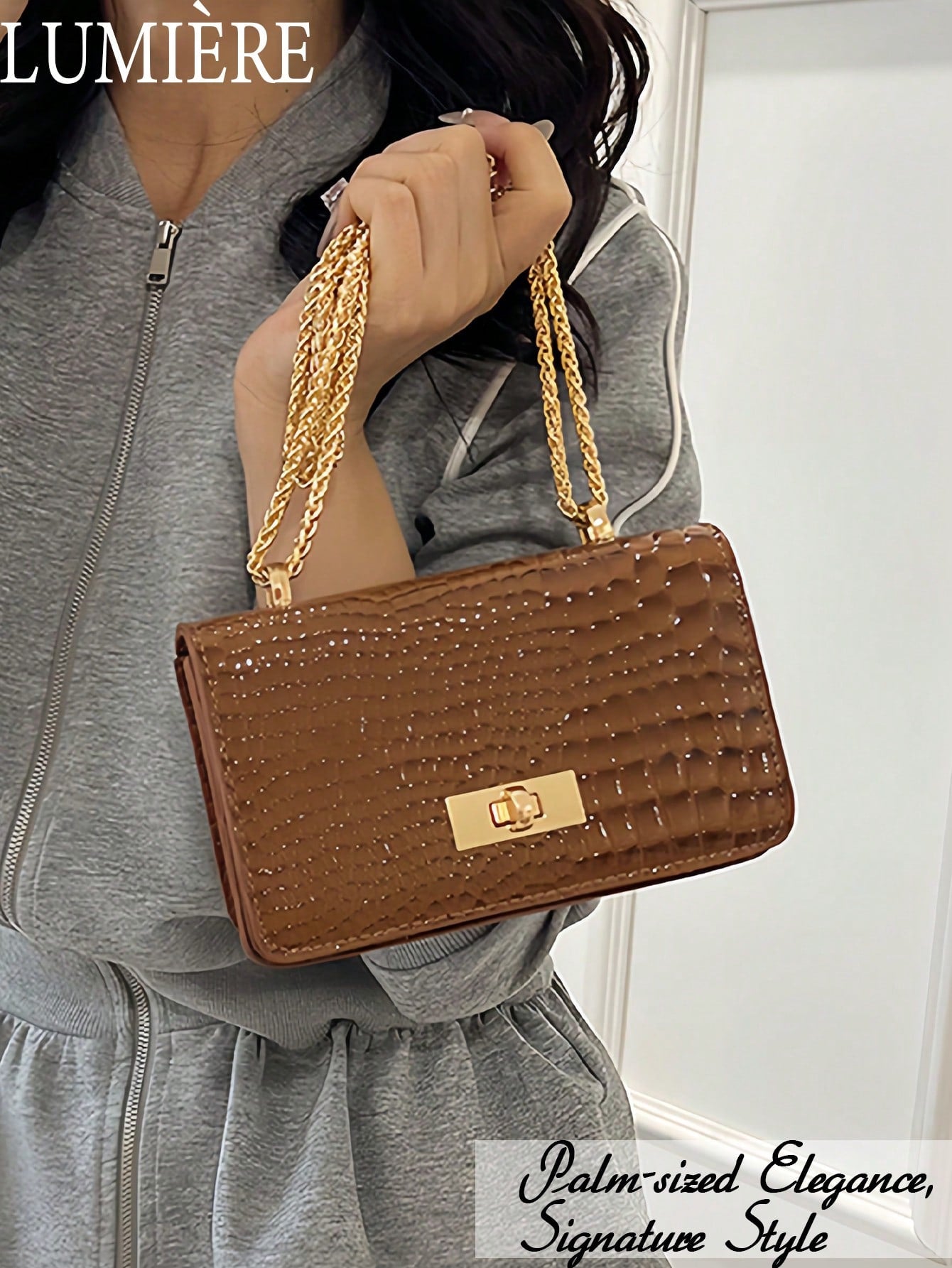 Women's Coffee Brown Faux Leather Crocodile Embossed Mini Chain Shoulder Bag, Fashionable Coffee Brown Crossbody Bag