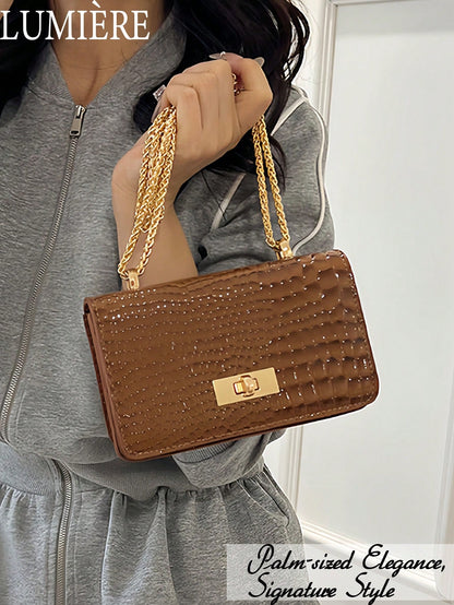 Women's Coffee Brown Faux Leather Crocodile Embossed Mini Chain Shoulder Bag, Fashionable Coffee Brown Crossbody Bag