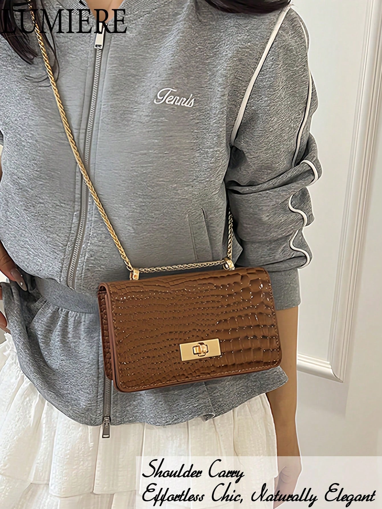 Women's Coffee Brown Faux Leather Crocodile Embossed Mini Chain Shoulder Bag, Fashionable Coffee Brown Crossbody Bag