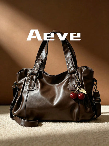 Women's Coffee Brown Travel Tote Bag, Fashionable Elegant Large Capacity Casual Handbag, Red Cherry Charm, Multi-Layer Pockets Zipper Crossbody Bag, Suitable For Shopping, Dating, Vacation, Commuting