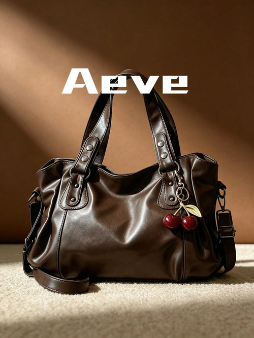 Women's Coffee Brown Travel Tote Bag, Fashionable Elegant Large Capacity Casual Handbag, Red Cherry Charm, Multi-Layer Pockets Zipper Crossbody Bag, Suitable For Shopping, Dating, Vacation, Commuting