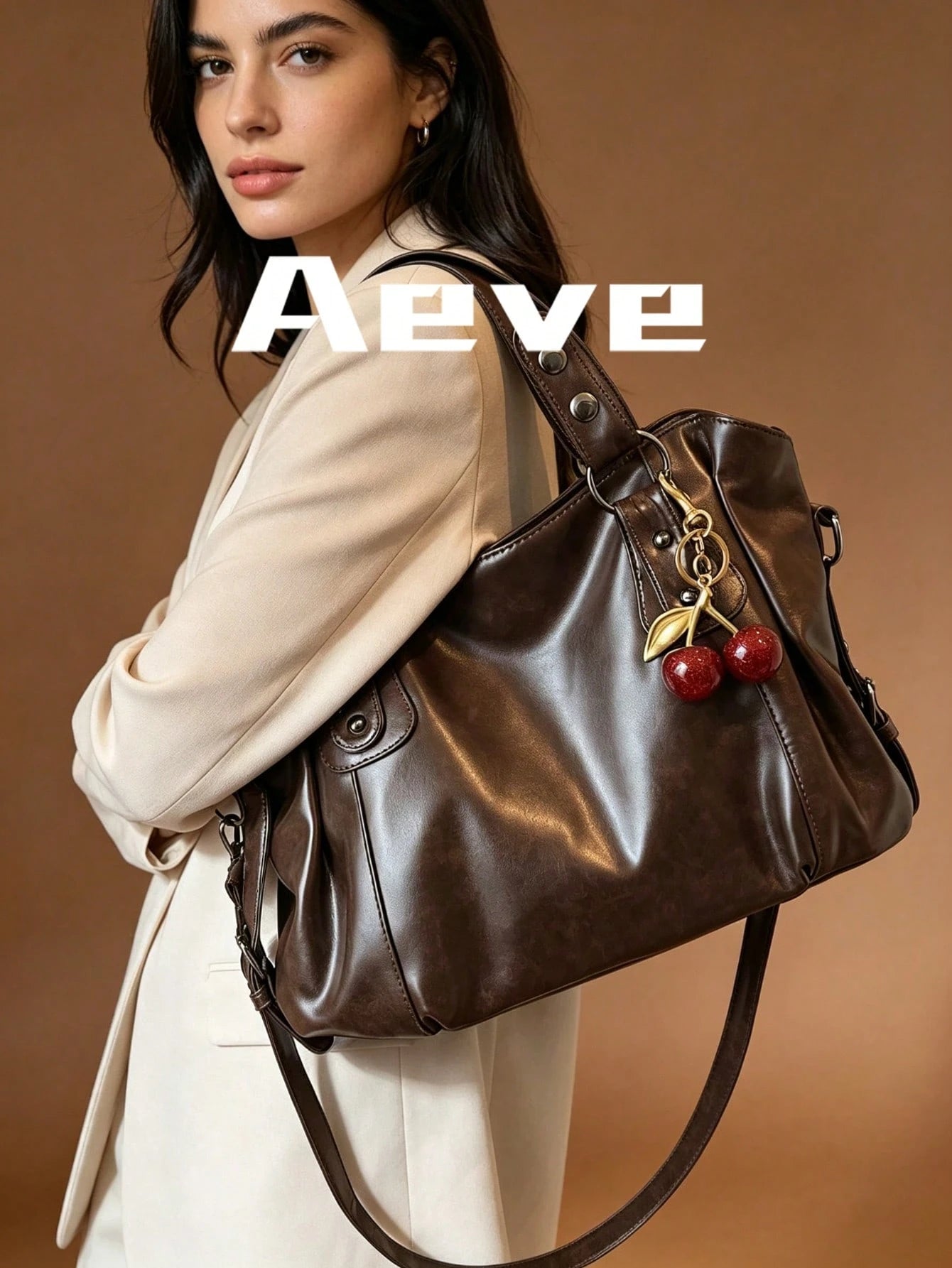 Women's Coffee Brown Travel Tote Bag, Fashionable Elegant Large Capacity Casual Handbag, Red Cherry Charm, Multi-Layer Pockets Zipper Crossbody Bag, Suitable For Shopping, Dating, Vacation, Commuting