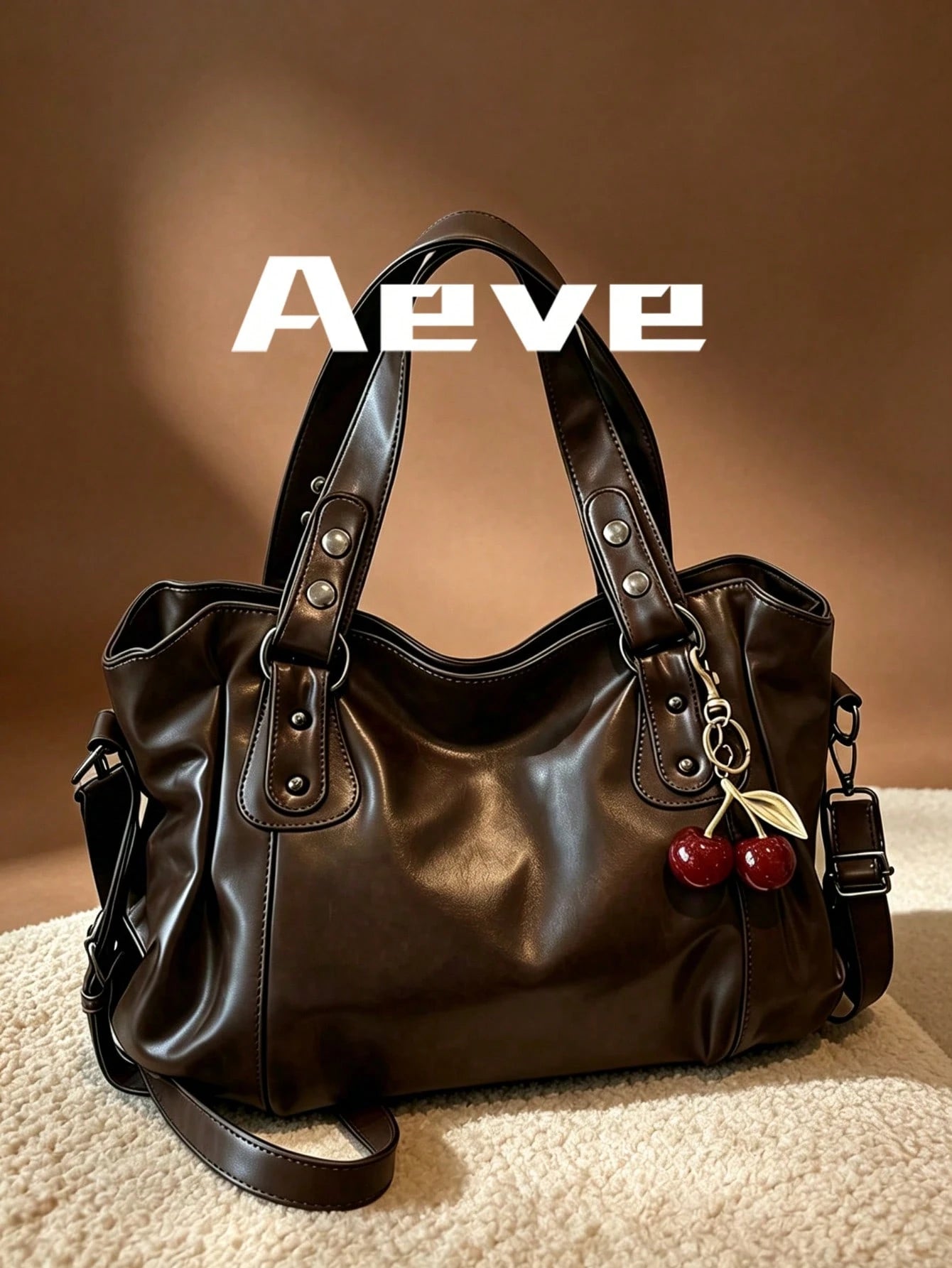 Women's Coffee Brown Travel Tote Bag, Fashionable Elegant Large Capacity Casual Handbag, Red Cherry Charm, Multi-Layer Pockets Zipper Crossbody Bag, Suitable For Shopping, Dating, Vacation, Commuting