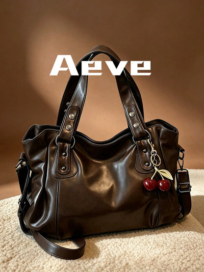 Women's Coffee Brown Travel Tote Bag, Fashionable Elegant Large Capacity Casual Handbag, Red Cherry Charm, Multi-Layer Pockets Zipper Crossbody Bag, Suitable For Shopping, Dating, Vacation, Commuting