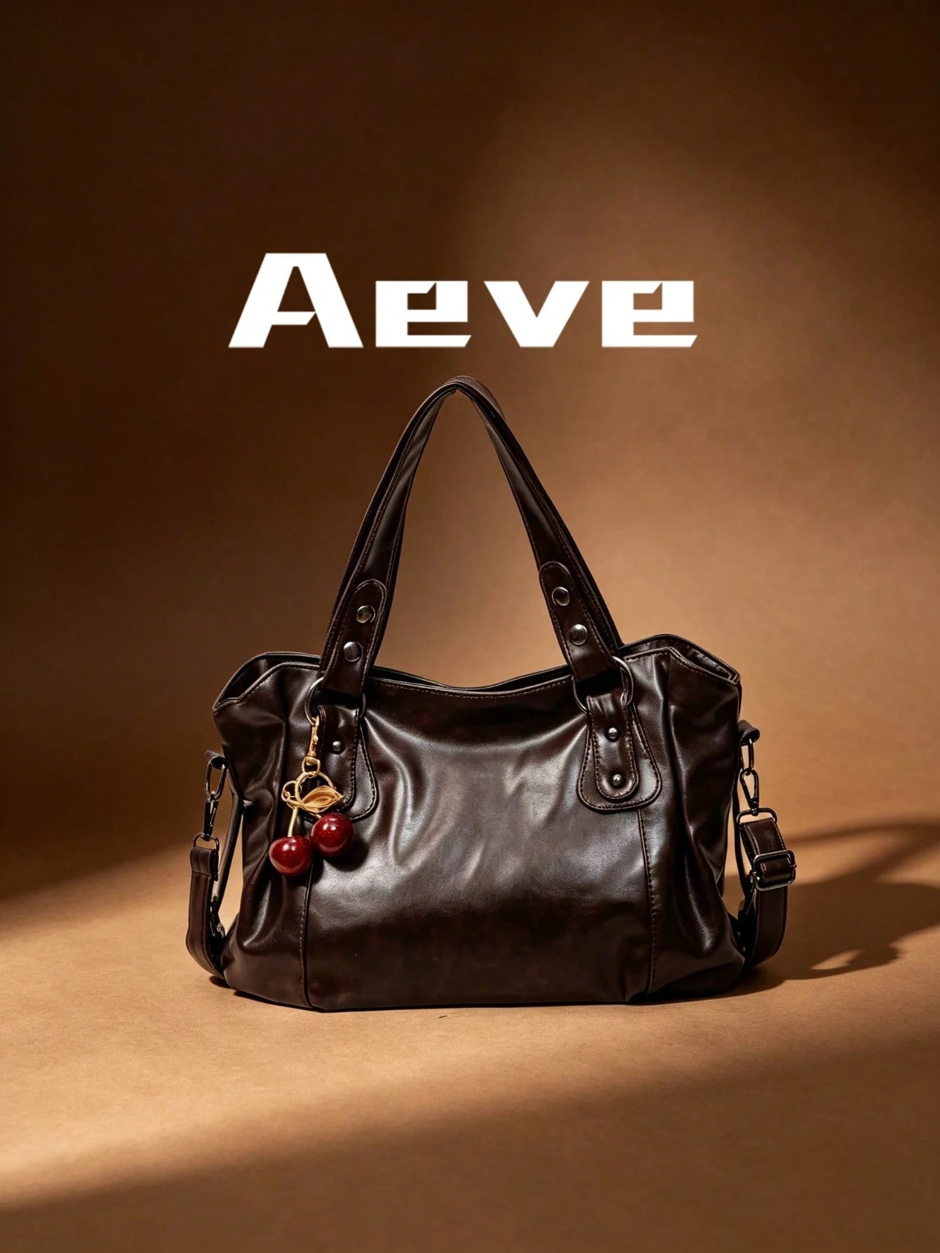Women's Coffee Brown Travel Tote Bag, Fashionable Elegant Large Capacity Casual Handbag, Red Cherry Charm, Multi-Layer Pockets Zipper Crossbody Bag, Suitable For Shopping, Dating, Vacation, Commuting