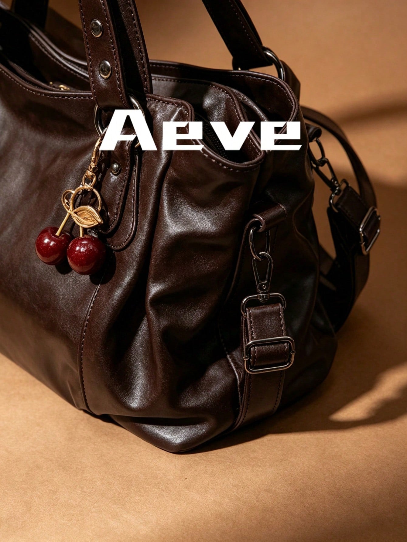 Women's Coffee Brown Travel Tote Bag, Fashionable Elegant Large Capacity Casual Handbag, Red Cherry Charm, Multi-Layer Pockets Zipper Crossbody Bag, Suitable For Shopping, Dating, Vacation, Commuting