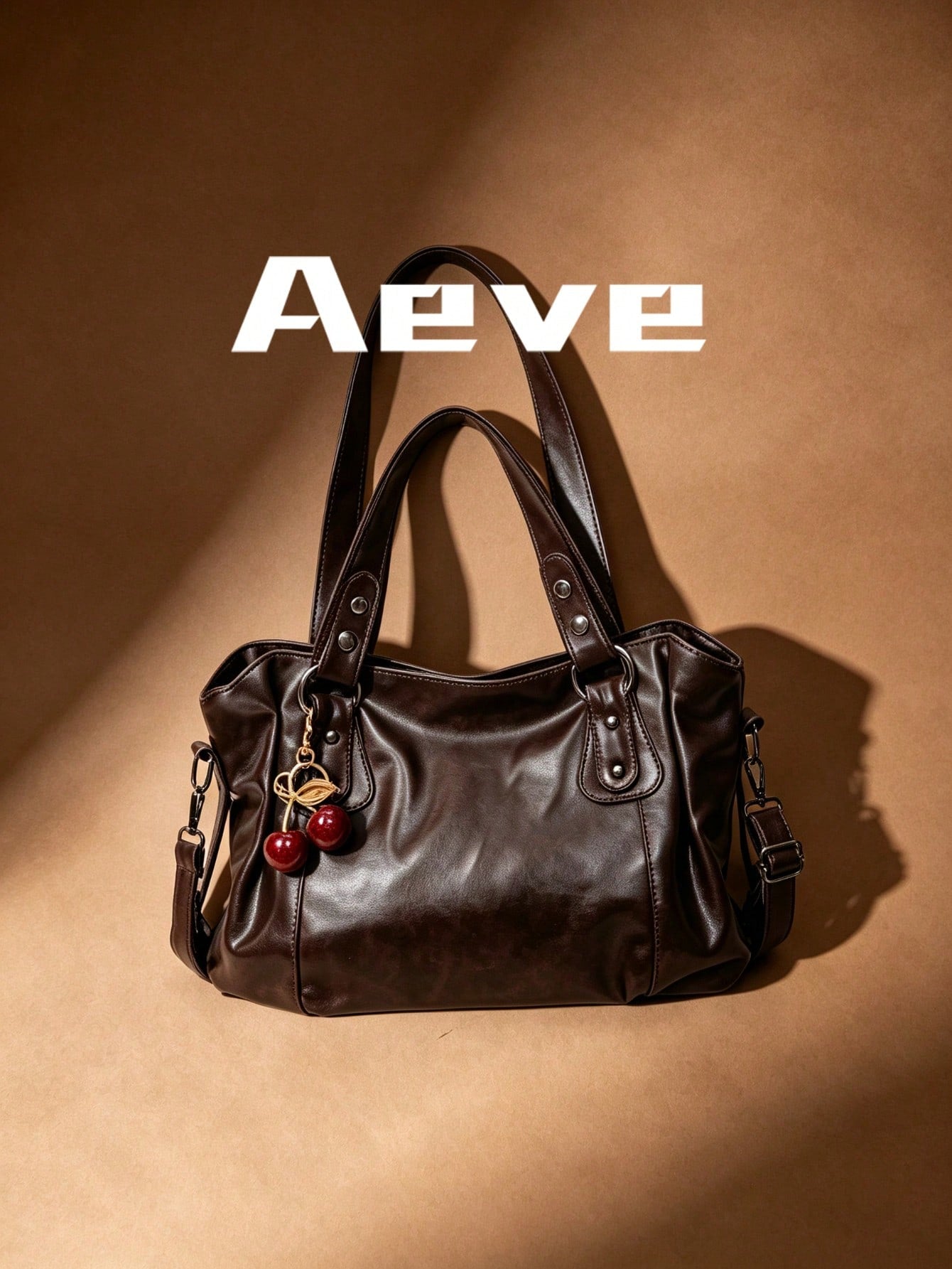 Women's Coffee Brown Travel Tote Bag, Fashionable Elegant Large Capacity Casual Handbag, Red Cherry Charm, Multi-Layer Pockets Zipper Crossbody Bag, Suitable For Shopping, Dating, Vacation, Commuting