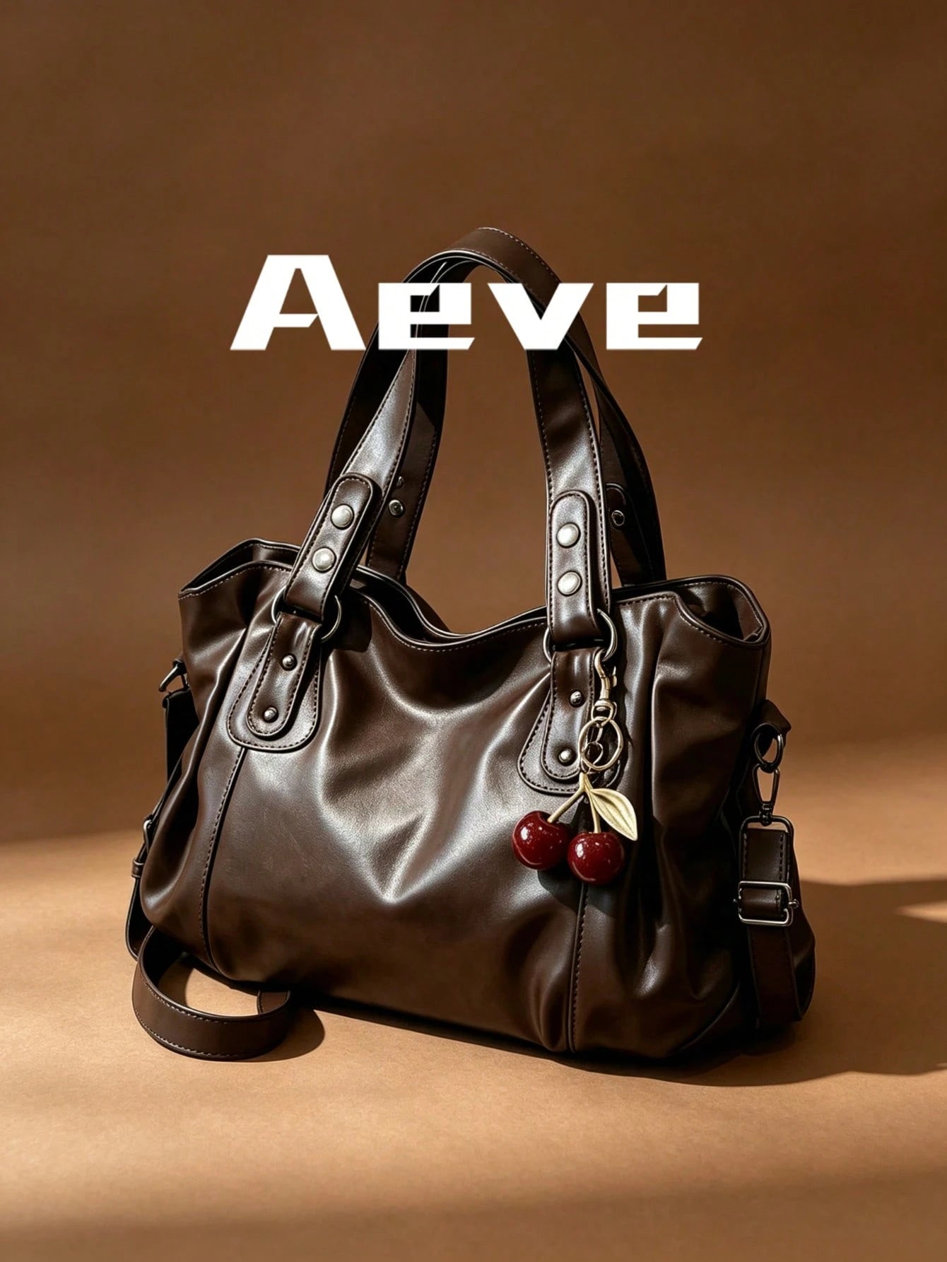 Women's Coffee Brown Travel Tote Bag, Fashionable Elegant Large Capacity Casual Handbag, Red Cherry Charm, Multi-Layer Pockets Zipper Crossbody Bag, Suitable For Shopping, Dating, Vacation, Commuting