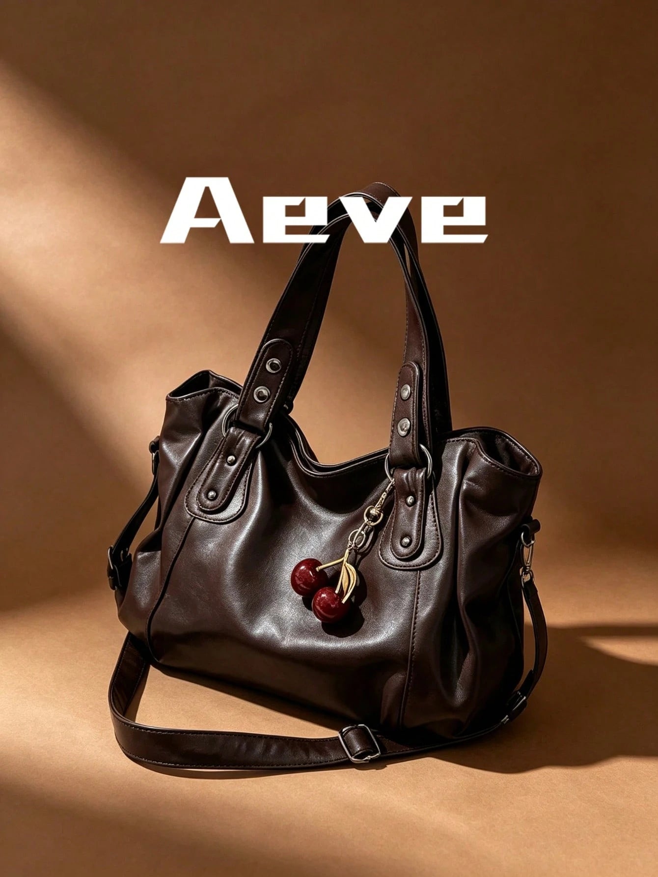 Women's Coffee Brown Travel Tote Bag, Fashionable Elegant Large Capacity Casual Handbag, Red Cherry Charm, Multi-Layer Pockets Zipper Crossbody Bag, Suitable For Shopping, Dating, Vacation, Commuting