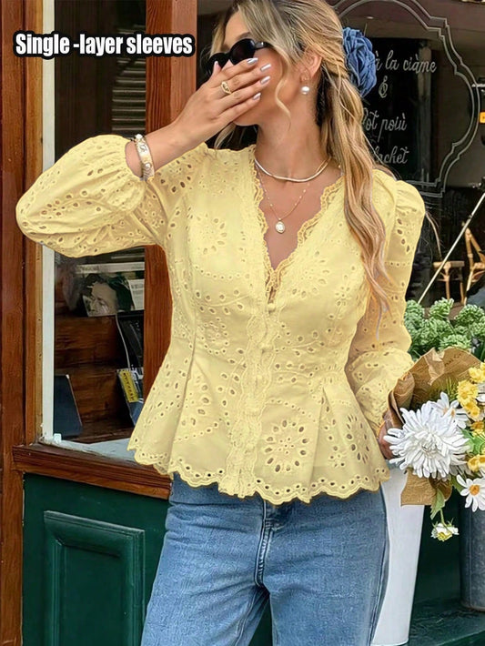 Women's Commuting, Casual, Versatile Yellow Embroidered Blouse With Lace Trim, Mushroom Button, Ruched Waist, Lined, Elastic Cuff Long Sleeve, Suitable For Work, Beach, Holiday, Spring/Summer/Autumn V